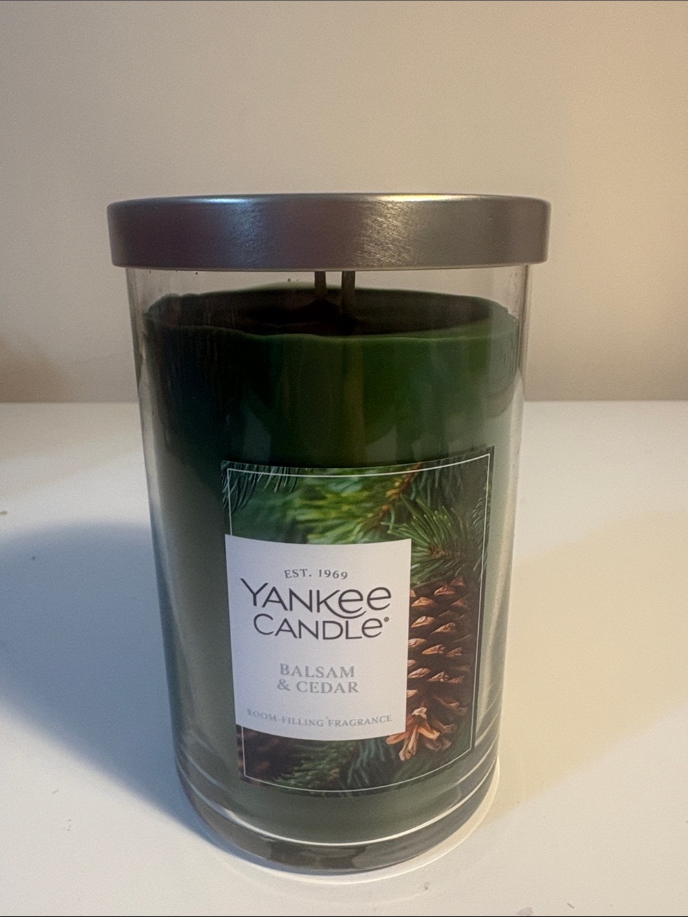 Yankee Candle Balsam & Cedar Jar Candle - Dark Green with Gold Lid.